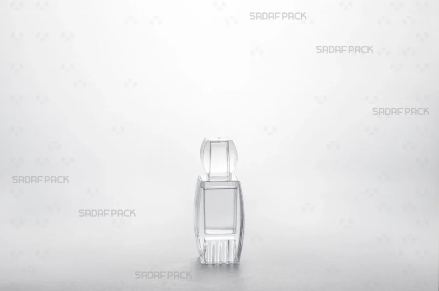 Front view of the Azin 1 Raised Bottom container, showcasing its clear polycrystal structure and elevated base design for enhanced product visibility.