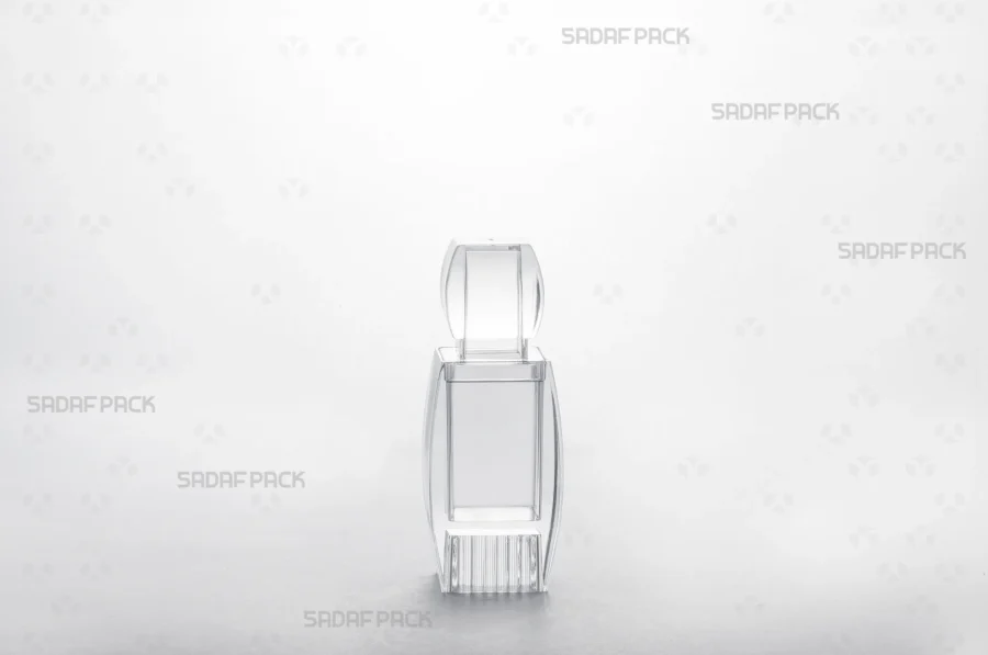 A front view of the Azin 2 Raised Bottom container, detailing its clear polycrystal structure and elevated base which enhances product visibility.