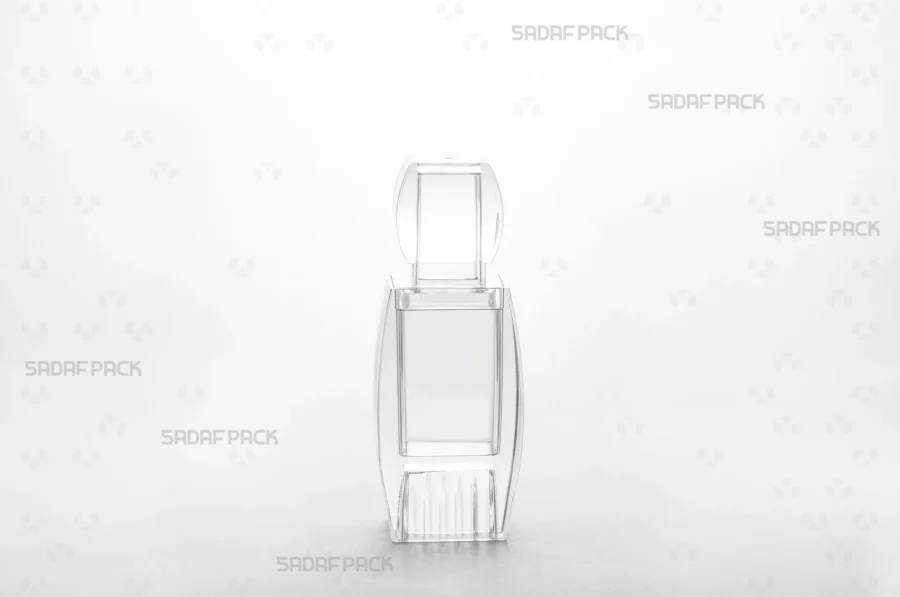 A front view of the Azin 3 Raised Bottom container, detailing its polished polycrystal structure and elevated base which enhances product visibility.