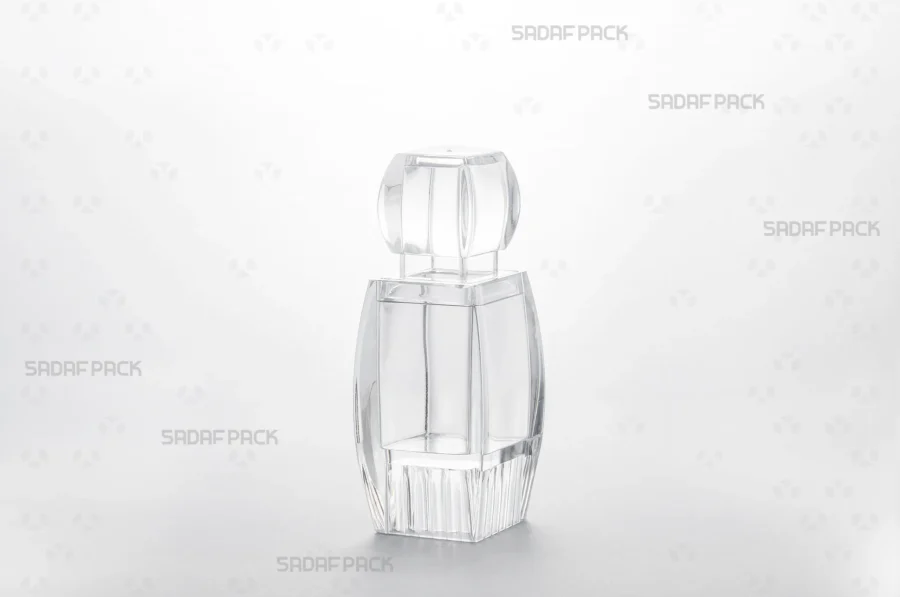 Azin 3 Raised Bottom crystal container from Sadaf Pack shown at a three-quarter angle, highlighting its elegant design for saffron packaging.