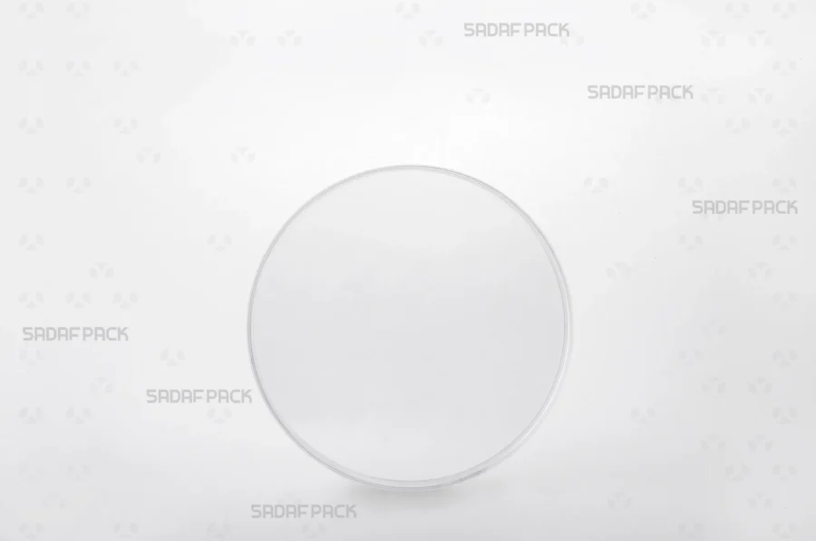 Front angle view of the 12 Flat Crystal container, highlighting its broad, flat profile and high-clarity polycrystal structure for optimal product visibility.