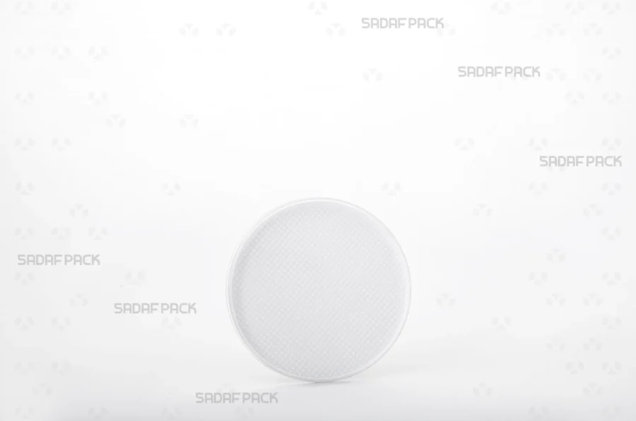 A front angle view of the 7.5 España container, highlighting its sleek circular structure and clear material.