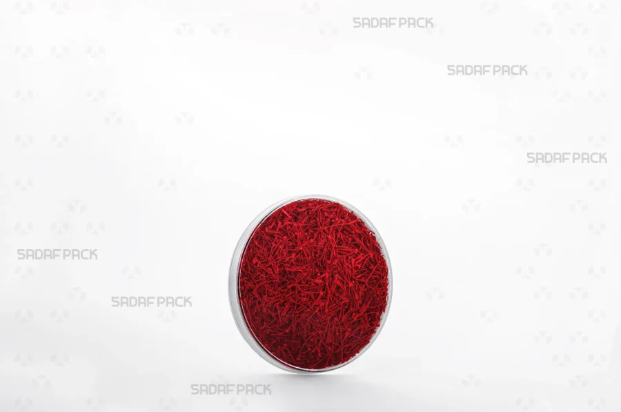 The 7.5 España container elegantly filled with high-quality saffron, demonstrating its ideal use for export packaging.