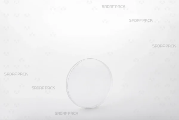 A 7.5 Convex Crystal container by Sadaf Pack, shown at a three-quarter angle to highlight its clear, curved design.