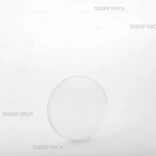A 7.5 Convex Crystal container by Sadaf Pack, shown at a three-quarter angle to highlight its clear, curved design.