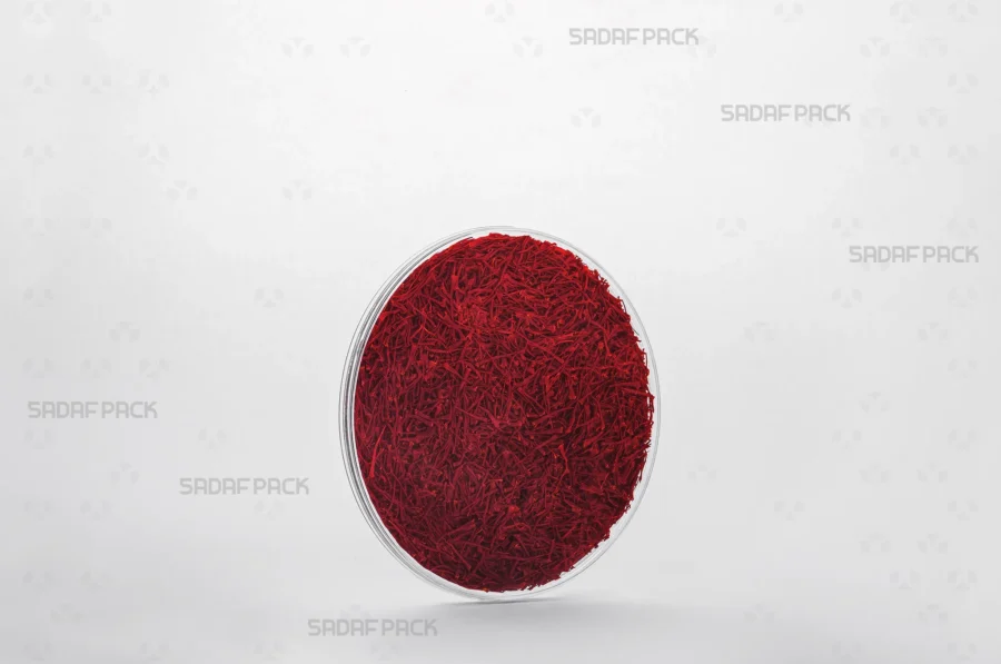 The 11 Slim Crystal container filled with saffron, an ideal packaging choice for export-quality spices.