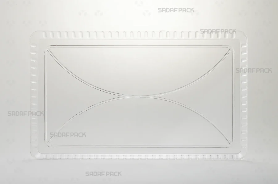 A front angle view of the Crystal Rectangle Tray 200, highlighting its durable construction and the depth suitable for holding sweets or rock candy.