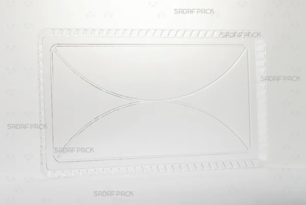 منظر بزاوية ثلاثة أرباع لصينية كريستال مستطيلة 200 من صدف باك، تُظهر هيكلها المصنوع من البولي كريستال الشفاف وتصميمها المستطيل.