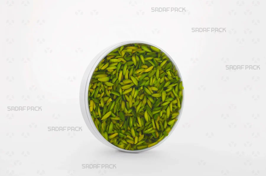 A 12 Core España container filled with high-quality Slivered Pistachios, demonstrating its suitability for export-grade products.