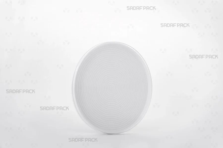A three-quarter angle view of the 12 Medium España circular container by Sadaf Pack, designed for premium saffron packaging.