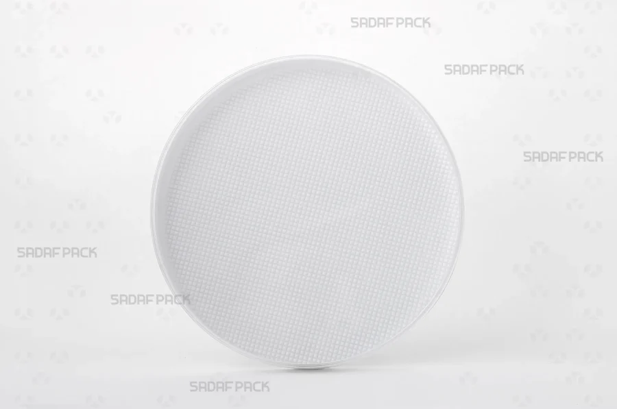 A front angle view of the 15 Medium España container, highlighting its clear poly-crystal lid and distinctive white España-style base.