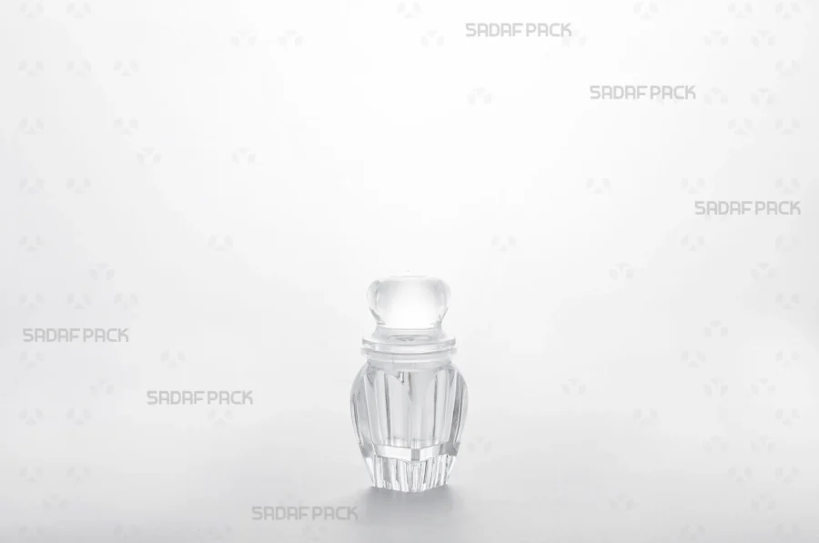 Three-quarter view of the Gohar 1 Raised Bottom crystal container by Sadaf Pack, highlighting its elegant design for premium saffron packaging.