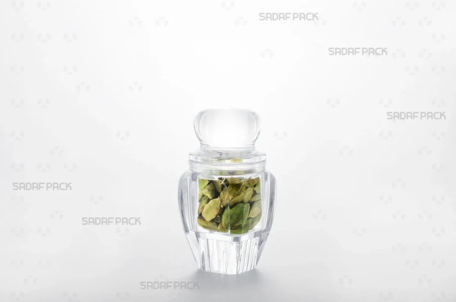 A three-quarter view of the Gohar 3 container filled with high-quality cardamom, demonstrating its suitability for export products.