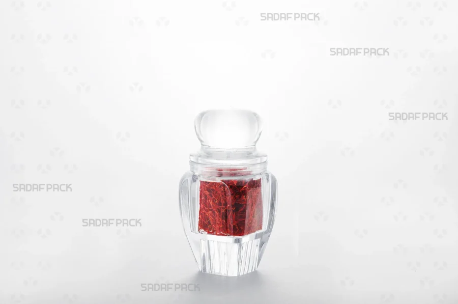 A three-quarter view of the Gohar 3 container filled with high-quality saffron, demonstrating its suitability for export products.