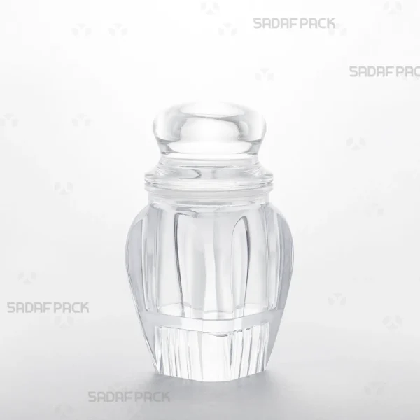 A three-quarter angle view of the Gohar 4 Raised Bottom crystal container by Sadaf Pack, showcasing its elegant design for premium saffron packaging.