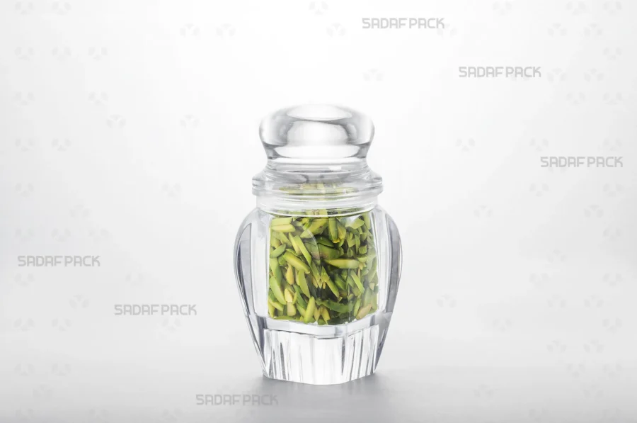 A three-quarter angle view of the Gohar 4 container filled with Slivered Pistachios, demonstrating its suitability for export-quality packaging.