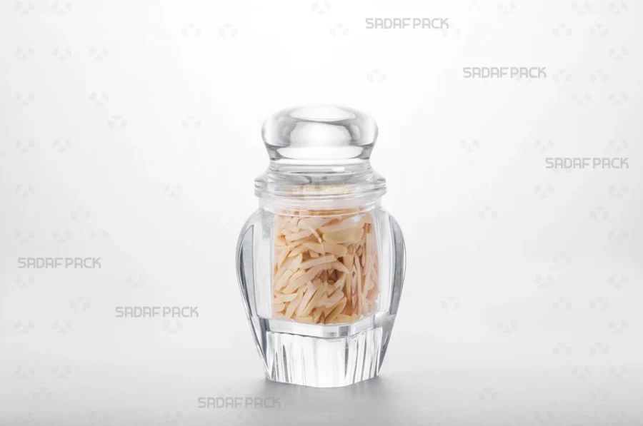 A three-quarter angle view of the Gohar 4 container filled with Slivered almonds, demonstrating its suitability for export-quality packaging.