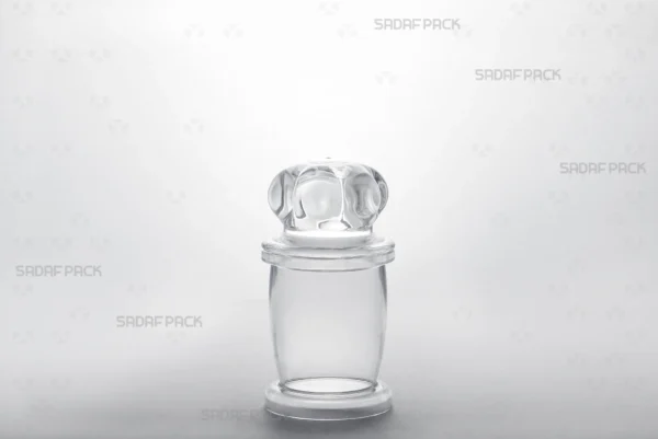 A three-quarter angle view of the Milad 3 crystal container by Sadaf Pack, showcasing its elegant design for luxury packaging.
