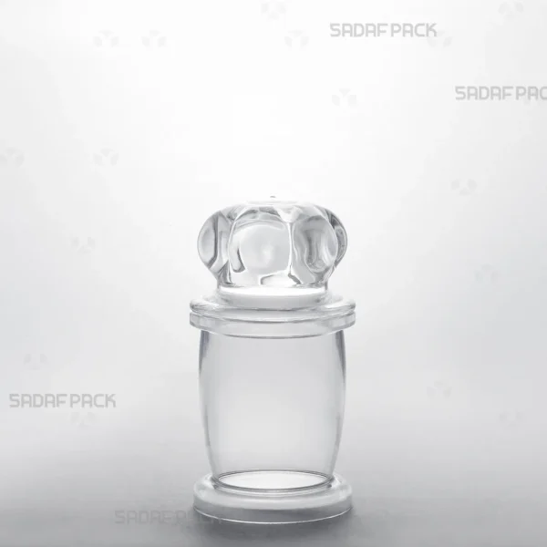 A three-quarter angle view of the Milad 3 crystal container by Sadaf Pack, showcasing its elegant design for luxury packaging.