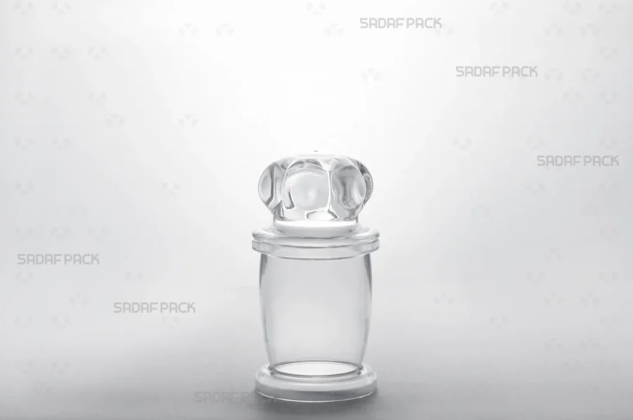 A three-quarter angle view of the Milad 3 crystal container by Sadaf Pack, showcasing its elegant design for luxury packaging.