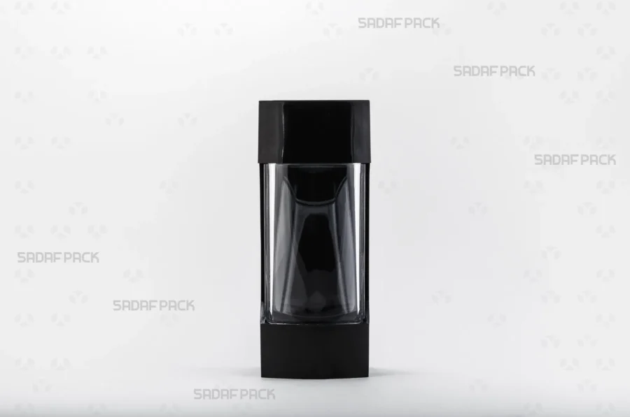 A front angle view of the Negin Black container, highlighting its polished crystal structure and secure base.