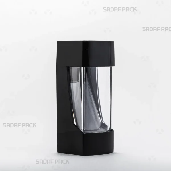 Three-quarter angle view of the elegant Negin Black crystal container for saffron, showcasing its sleek design by Sadaf Pack.
