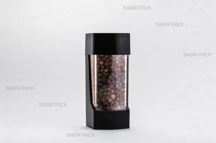 The Negin Black container filled with high-quality Peppercorns, demonstrating its ideal capacity and presentation for export products.