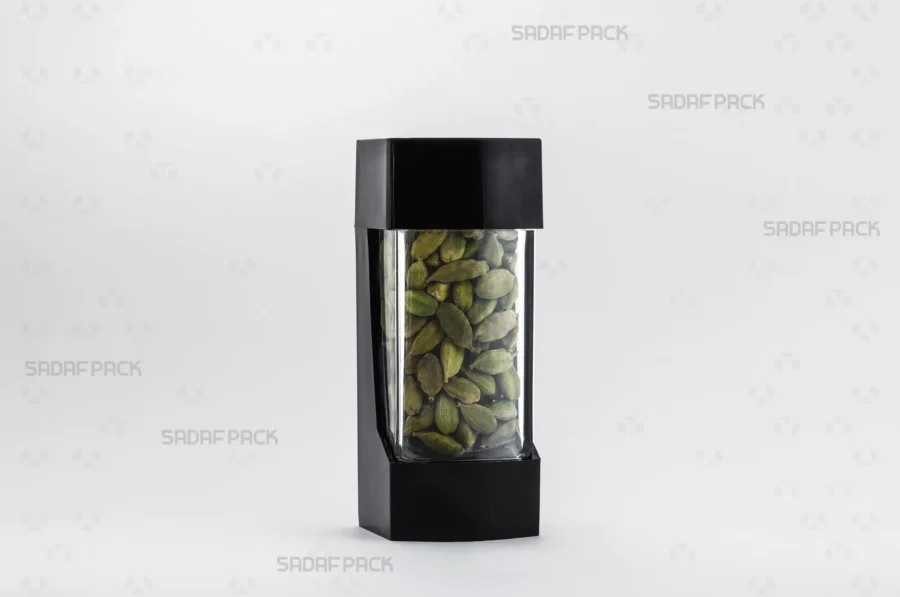 The Negin Black container filled with high-quality cardamom, demonstrating its ideal capacity and presentation for export products.