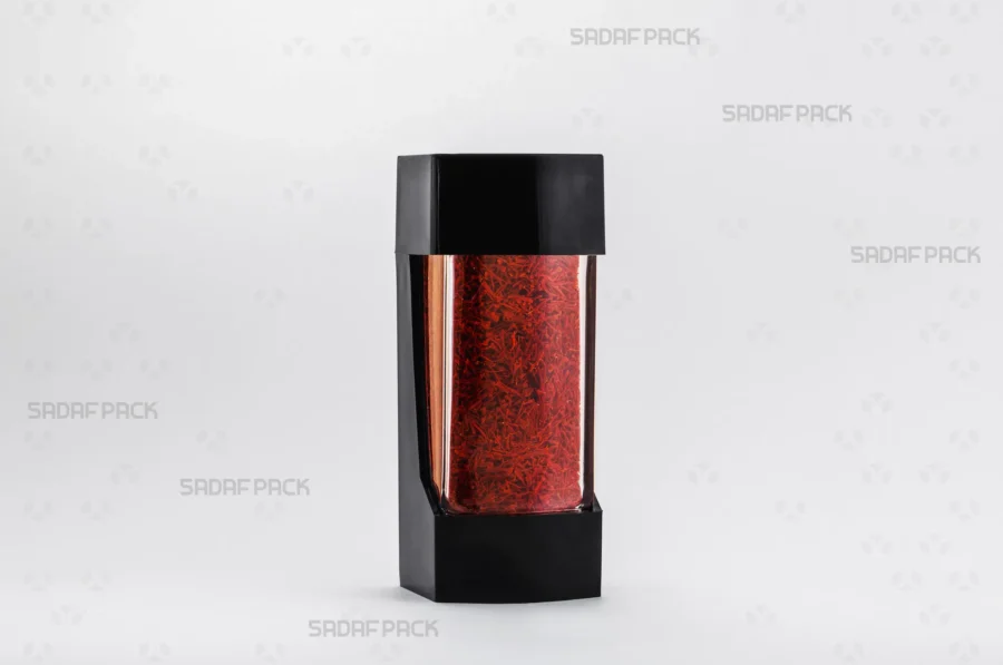 The Negin Black container filled with premium Iranian saffron, demonstrating its ideal capacity and presentation for export products.
