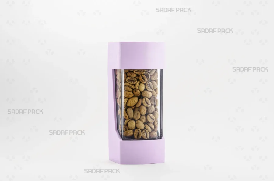 Three-quarter angle view of the Negin Lily container filled with coffee beans, showcasing its suitability for luxury export packaging.