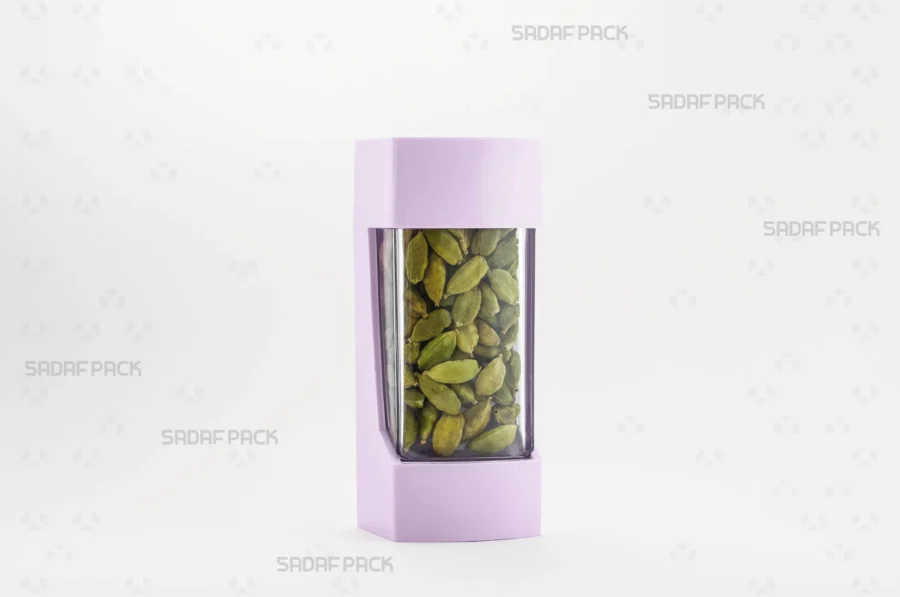 Three-quarter angle view of the Negin Lily container filled with cardamom, showcasing its suitability for luxury export packaging.