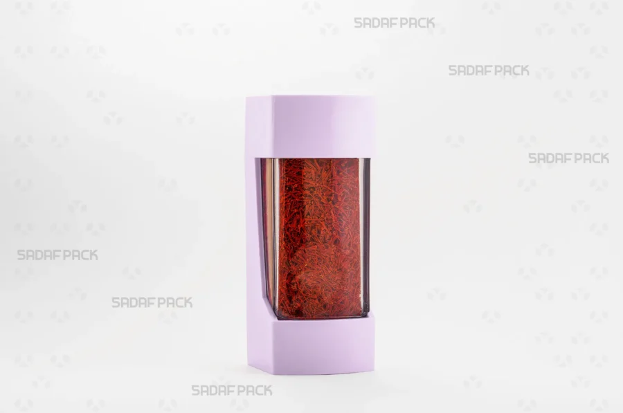 Three-quarter angle view of the Negin Lily container filled with premium Iranian saffron, showcasing its suitability for luxury export packaging.