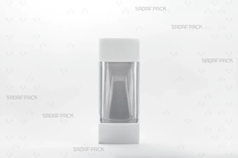 A front-angle view of the Negin White container, highlighting its polished white base and clear, high-quality poly-crystal lid structure.
