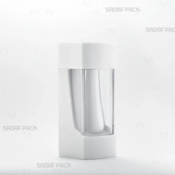 Three-quarter view of the elegant Negin White crystal container from Sadaf Pack, designed for premium saffron packaging.