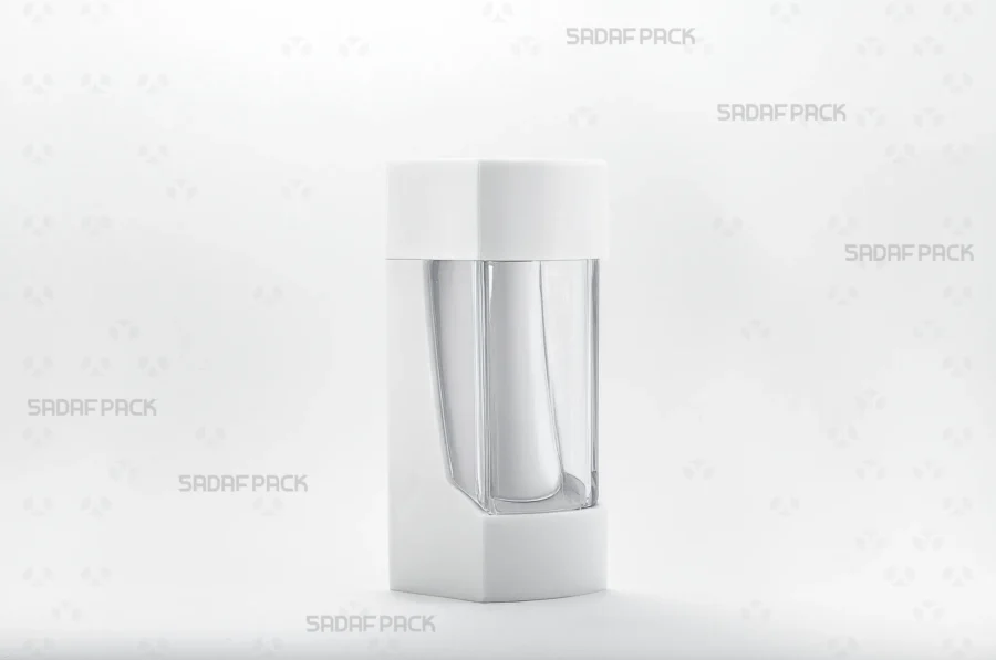 Three-quarter view of the elegant Negin White crystal container from Sadaf Pack, designed for premium saffron packaging.