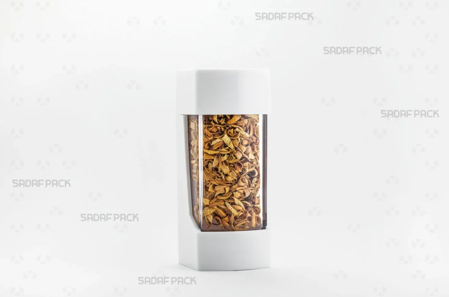 The Negin White container filled with high-grade Dried Orange Blossoms, showcasing its excellent capacity and display properties for export products.