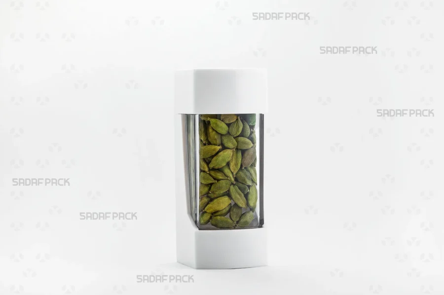 The Negin White container filled with high-grade cardamom, showcasing its excellent capacity and display properties for export products.