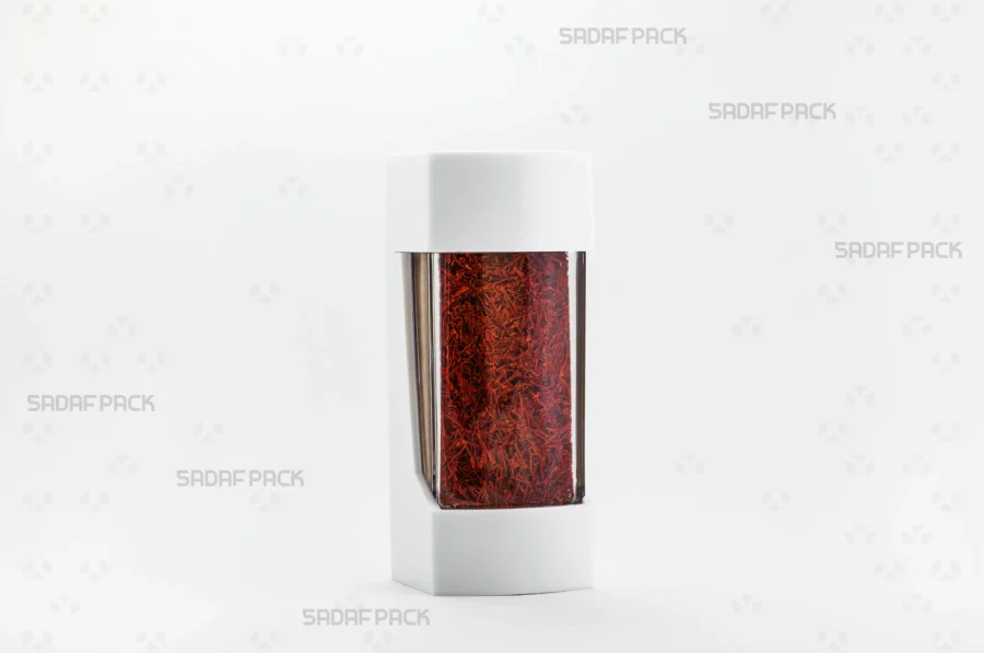 The Negin White container filled with high-grade saffron, showcasing its excellent capacity and display properties for export products.