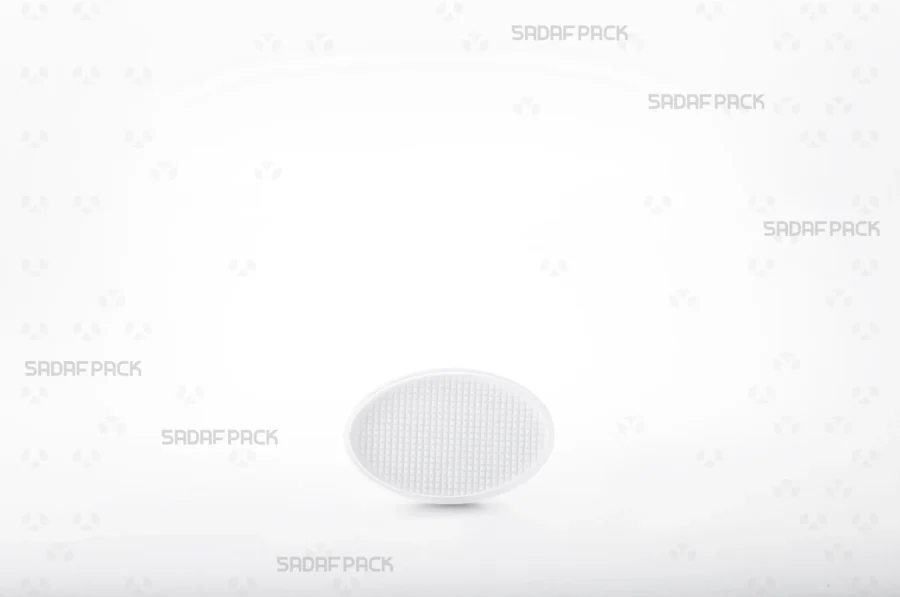 A front-facing view of the Oval 2 España container, highlighting its unique oval shape, clear polycrystal body, and distinctive white base.