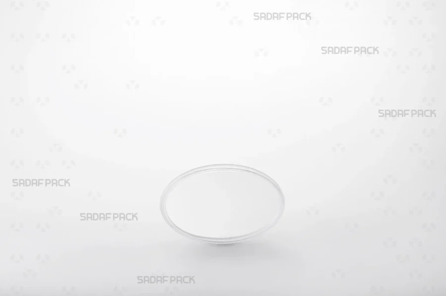 A direct front view of the Oval 4 Crystal container, highlighting its transparent polycrystal structure and smooth, curved surfaces.