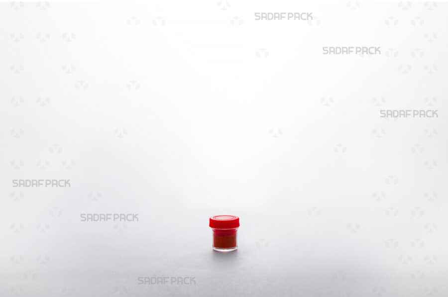 The Sadaf Pack Powder Short Red container filled with red saffron, highlighting its capacity and suitability for premium export products.