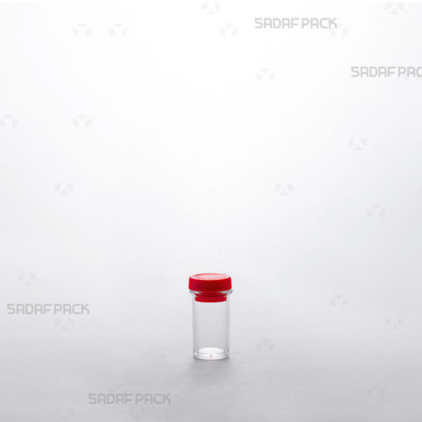 Three-quarter view of the Powder Tall Red Container by Sadaf Pack, showing its cylindrical shape and clear polycrystal body for premium spice packaging.