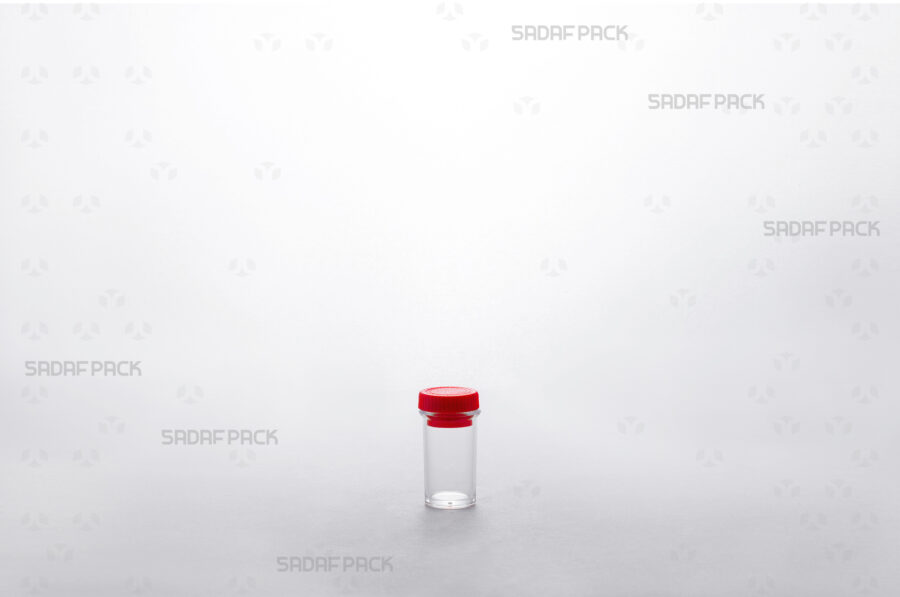 Three-quarter view of the Powder Tall Red Container by Sadaf Pack, showing its cylindrical shape and clear polycrystal body for premium spice packaging.
