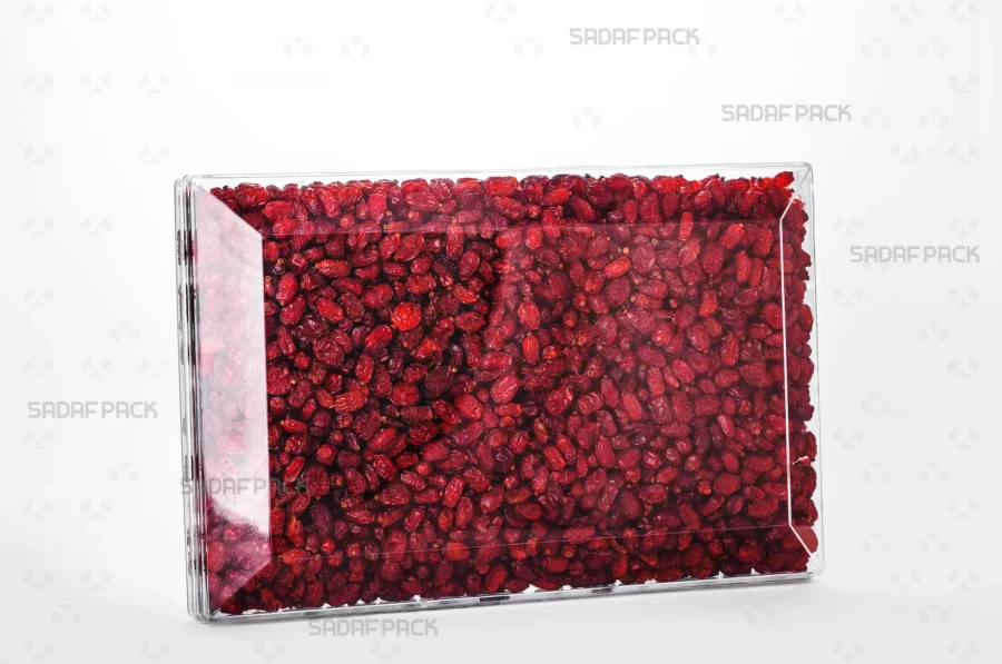 The Rectangle 200 container filled with Barberries, showcasing its excellent clarity for premium product presentation suitable for export.