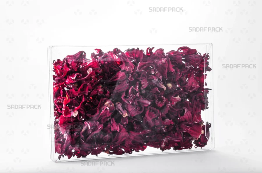 The Rectangle 200 container filled with Dried Hibiscus Petals, showcasing its excellent clarity for premium product presentation suitable for export.