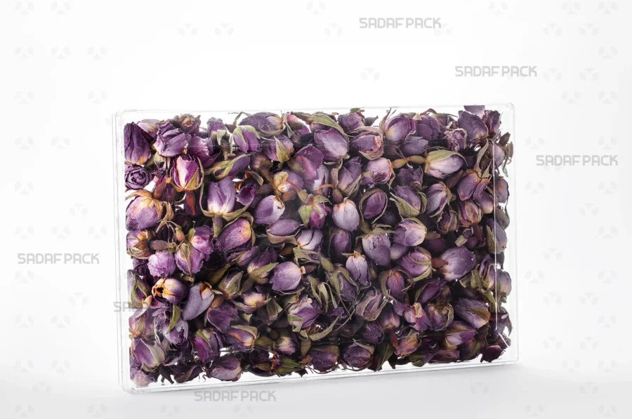 The Rectangle 200 container filled with Dried rose Petals, showcasing its excellent clarity for premium product presentation suitable for export.