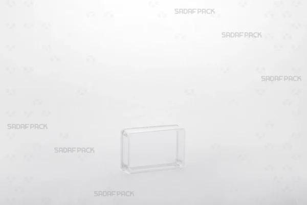 Three-quarter view of the 4 Deep Crystal Rectangle container from Sadaf Pack, designed for premium saffron packaging.