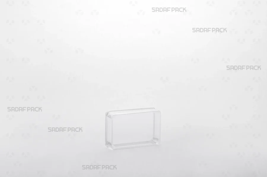 Three-quarter view of the 4 Deep Crystal Rectangle container from Sadaf Pack, designed for premium saffron packaging.