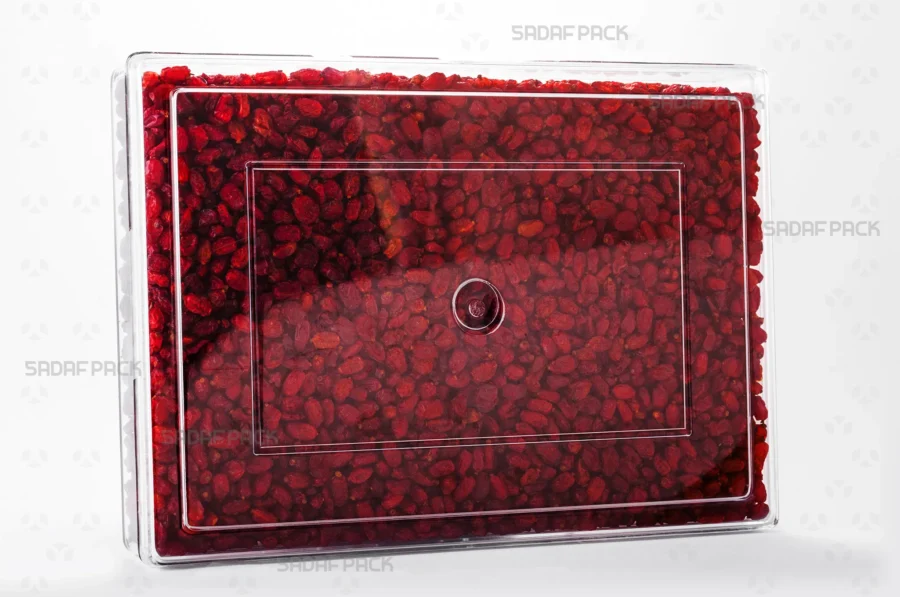 A Rectangle 400 container filled with Barberries, demonstrating its excellent clarity for luxury food exports. 