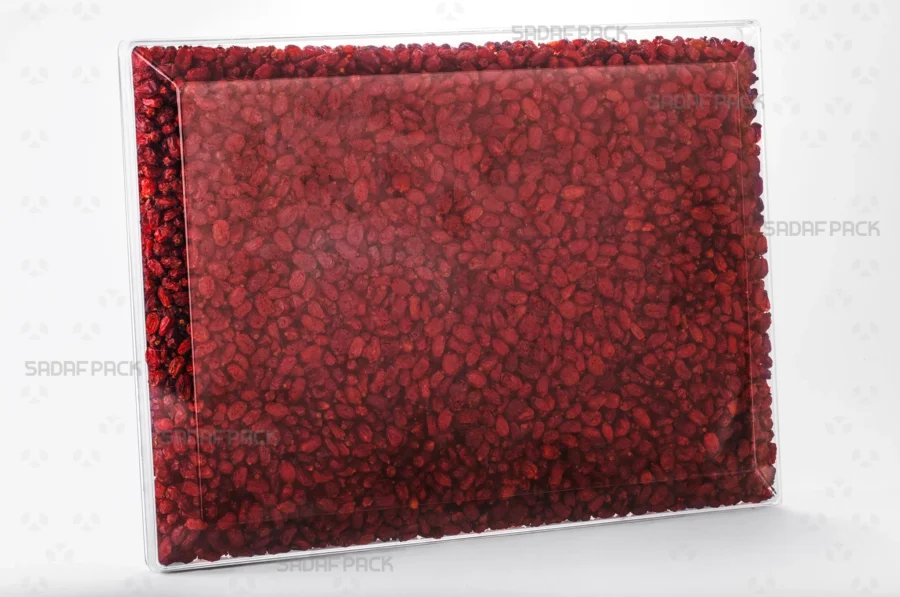 An elegant display of the Rectangle 500 container filled with Barberries, highlighting its suitability for export-quality packaging. 